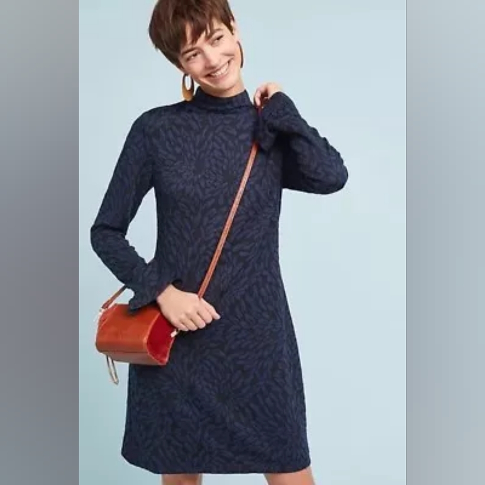 Anthropologie HUTCH Blue Long Bell Sleeve Sheath Dress Floral Mock Neck.
